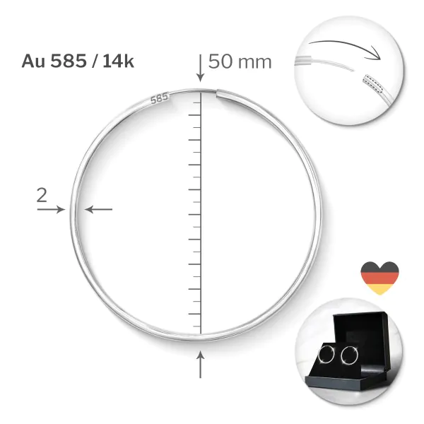 Ohrringe, Creolen, Weißgold 585 / 14K, Außendurchmesser 50 mm, Breite 2 mm, Gewicht ca. 2.0 g
