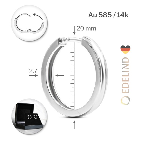 Ohrringe, Creolen, Weißgold 585 / 14K, Außendurchmesser 20 mm, Breite 2.7 mm, Gewicht ca. 4.8 g