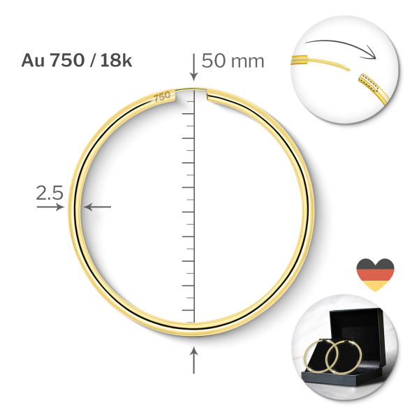 Ohrringe, Creolen, Gelbgold 750 / 18K, Außendurchmesser 50 mm, Breite 2.5 mm, Gewicht ca. 3.4 g