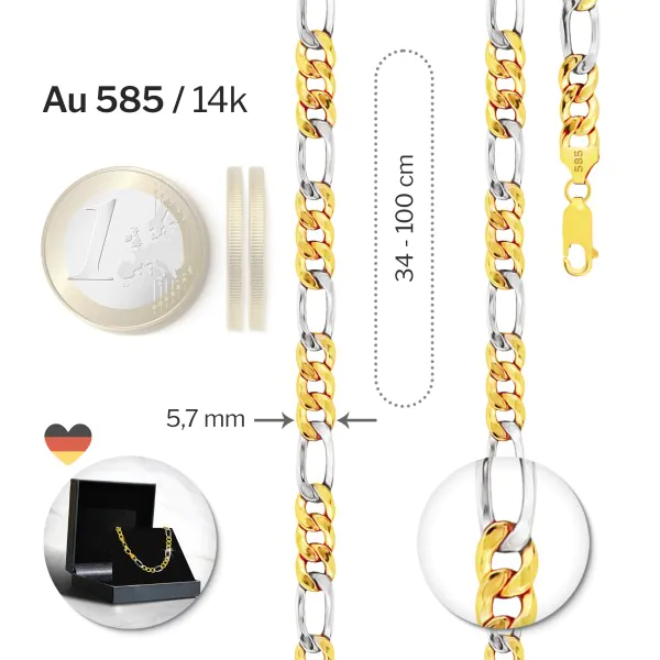 Goldkette als Figarokette hohl in Bicolor Gelbgold / Weißgold 585 / 14K, 80 cm lang, 5,7 mm breit, Gewicht ca. 19.5 g.