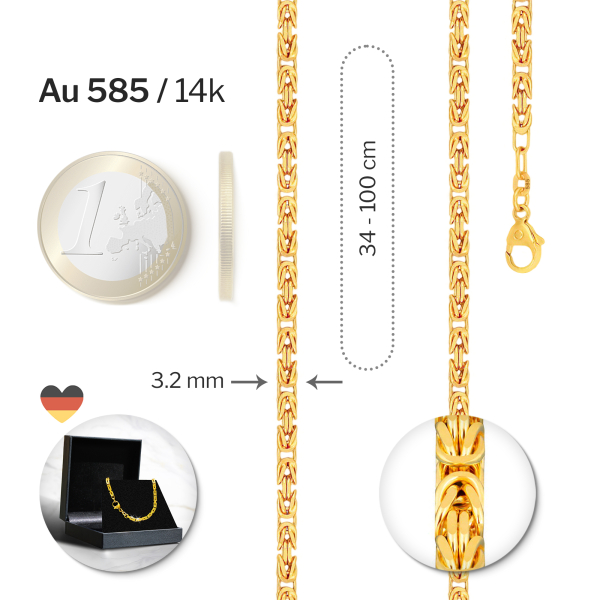 Goldkette als Königskette in Gelbgold 585 / 14K, 85 cm lang, 3,2 mm breit, Gewicht ca. 62.0 g.
