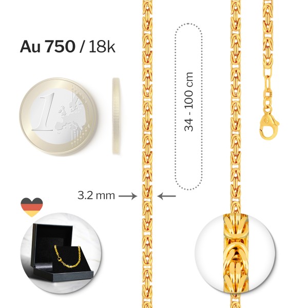 Goldkette als Königskette in Gelbgold 750 / 18K, 65 cm lang, 3,2 mm breit, Gewicht ca. 57.8 g.