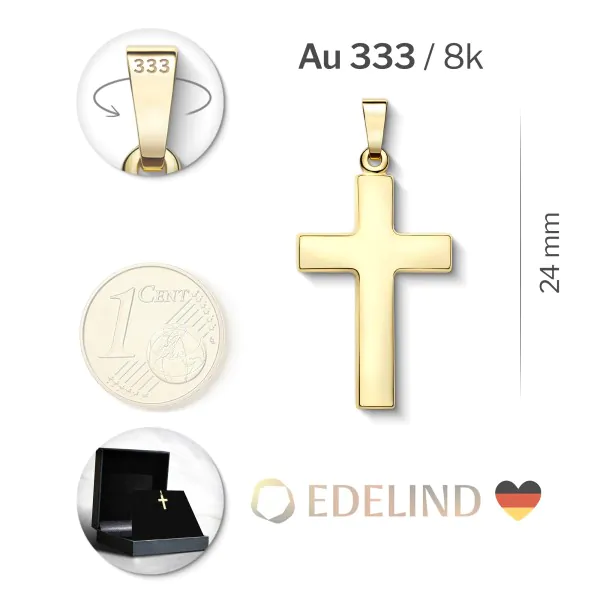 Anhänger Kreuz glanz , Gelbgold 333 / 8K, Höhe 24 mm, Gewicht ca. 0,85 g