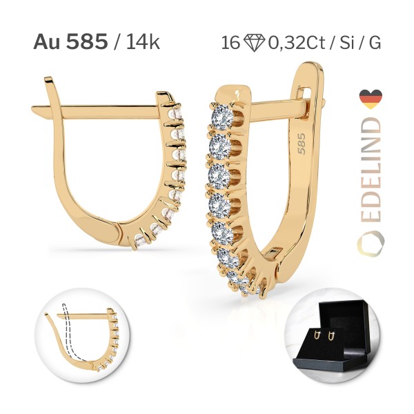 0,32 Karat Diamant Creolen, Gelbgold 585 / 14 Karat, Gewicht ca. 1.7 g.