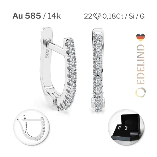 0,18 Karat Diamant Creolen, Weißgold 585 / 14 Karat, Gewicht ca. 1.5 g.