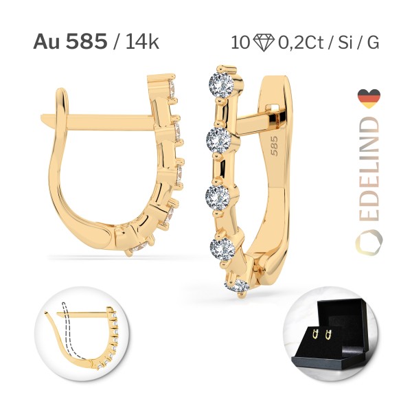 0,2 Karat Diamant Creolen, Gelbgold 585 / 14 Karat, Gewicht ca. 1.6 g.