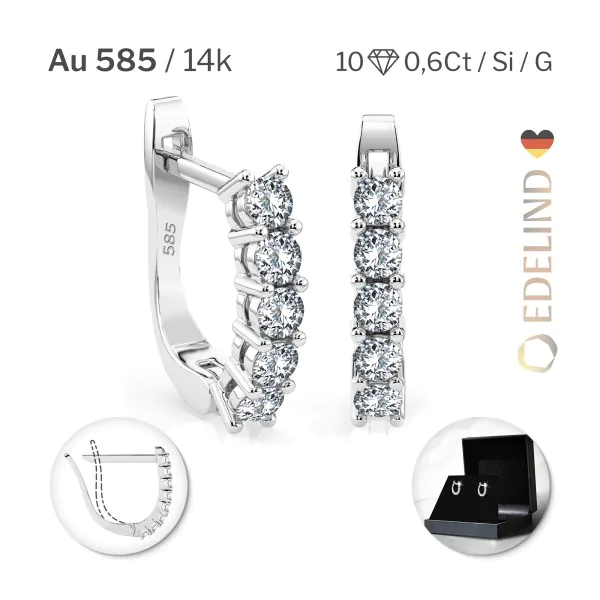 0,6 Karat Diamant Creolen, Weißgold 585 / 14 Karat, Gewicht ca. 2.2 g.