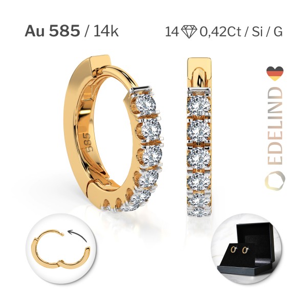 0,42 Karat Diamant Creolen, Gelbgold 585 / 14 Karat, Gewicht ca. 2.1 g.