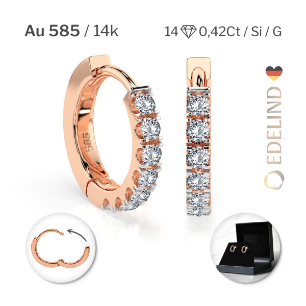 0,42 Karat Diamant Creolen, Rotgold 585 / 14 Karat, Gewicht ca. 2.1 g.