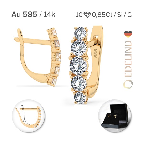 0,85 Karat Diamant Creolen, Gelbgold 585 / 14 Karat, Gewicht ca. 2.1 g.