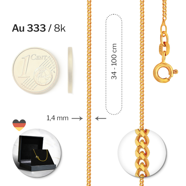 Goldkette als Panzerkette flach in Gelbgold 333 / 8K, 75 cm lang, 1,4 mm Breit, Gewicht ca. 3.6 g.