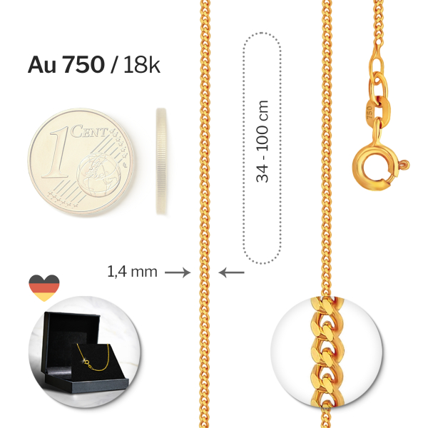 Goldkette als Panzerkette flach in Gelbgold 750 / 18K, 80 cm lang, 1,4 mm breit, Gewicht ca. 6.8 g.