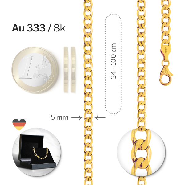 Goldkette als Panzerkette facettiert in Gelbgold 333 / 8K, 100 cm lang, 5 mm breit, Gewicht ca. 22.5 g.