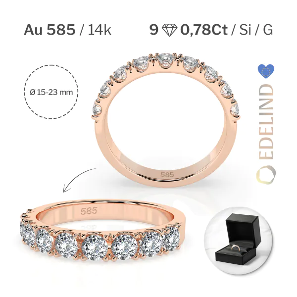 0,78 Karat Diamant Verlobungsring mit 9 Diamanten, Rotgold 585 / 14K, Weite 53 mm, Gewicht ca. 3.0 g.