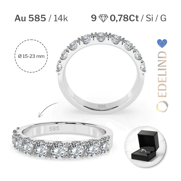 0,78 Karat Diamant Memoire Ring mit 9 Diamanten, Weißgold 585 / 14K, Weite 49 mm, Gewicht ca.