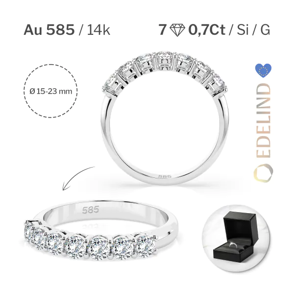 0,7 Karat Diamant Memoire Ring mit 7 Diamanten, Weißgold 585 / 14K, Weite 49 mm, Gewicht ca. 