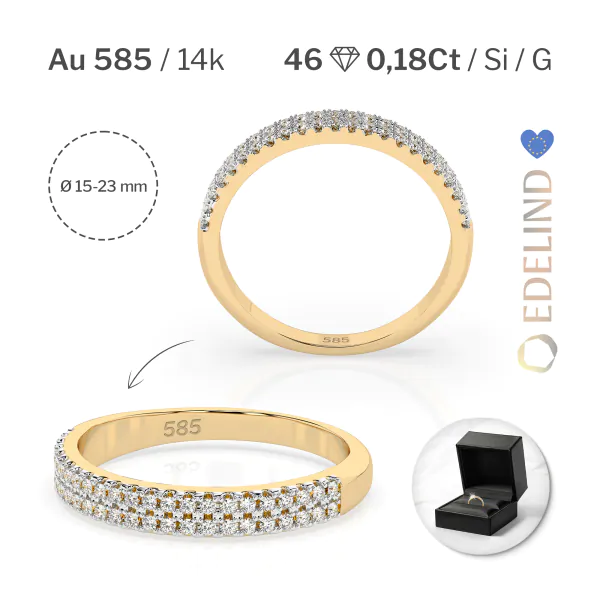 0,18 Karat Diamant Verlobungsring mit 46 Diamanten, Gelbgold 585 / 14K, Weite 49 mm, Gewicht ca. 1.7 g.