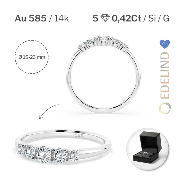 0,42 Karat Diamant Verlobungsring mit 5 Diamanten, Weißgold 585 / 14K, Weite 49 mm, Gewicht ca. 1.5 g.