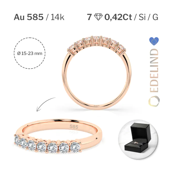 0,42 Karat Diamant Memoire Ring mit 7 Diamanten, Rotgold 585 / 14K, Weite 54 mm, Gewicht ca. 