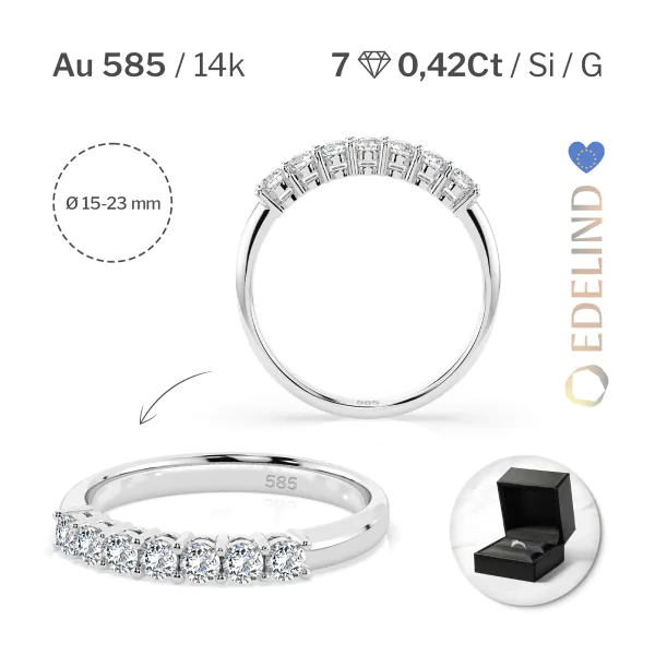 0,42 Karat Diamant Verlobungsring mit 7 Diamanten, Weißgold 585 / 14K, Weite 47 mm, Gewicht ca. 2.1 g.