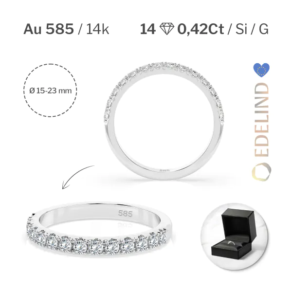 0,42 Karat Diamant Verlobungsring mit 14 Diamanten, Weißgold 585 / 14K, Weite 49 mm, Gewicht ca. 2.1 g.