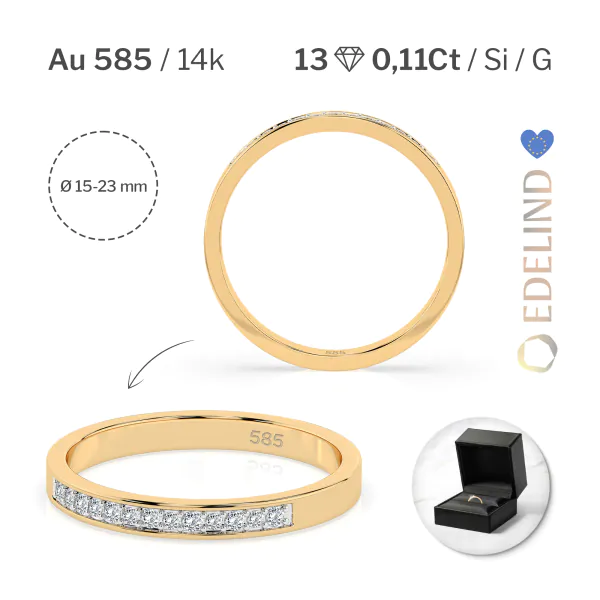 0,11 Karat Diamant Memoire Ring mit 13 Diamanten, Gelbgold 585 / 14K, Weite 47 mm, Gewicht ca.