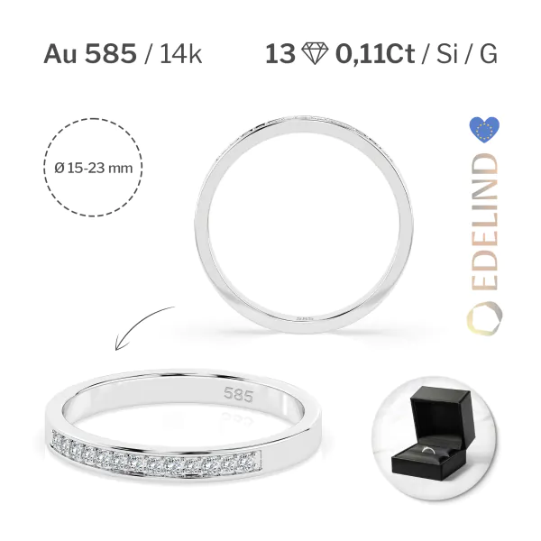 0,11 Karat Diamant Memoire Ring mit 13 Diamanten, Weißgold 585 / 14K, Weite 59 mm, Gewicht ca.