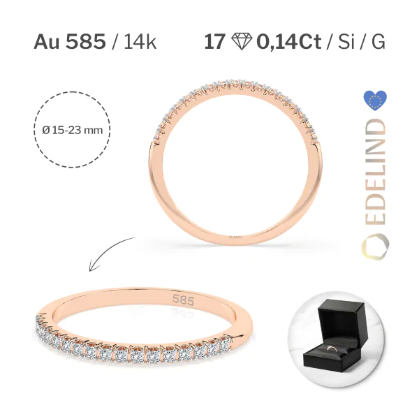 0,14 Karat Diamant Memoire Ring mit 17 Diamanten, Rotgold 585 / 14K, Weite 50 mm, Gewicht ca.