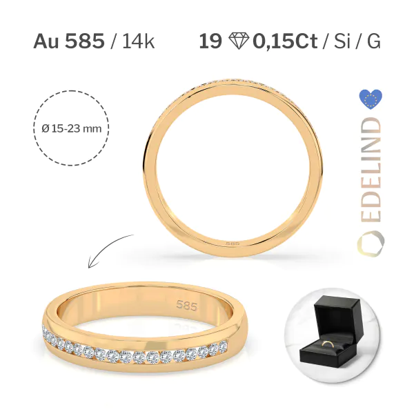 0,15 Karat Diamant Verlobungsring mit 19 Diamanten, Gelbgold 585 / 14K, Weite 49 mm, Gewicht ca. 2.8 g.