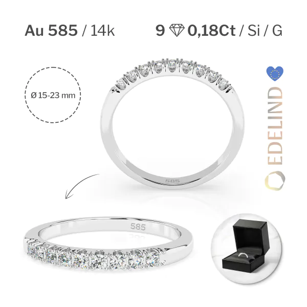 0,18 Karat Diamant Memoire Ring mit 9 Diamanten, Weißgold 585 / 14K, Weite 62 mm, Gewicht ca.