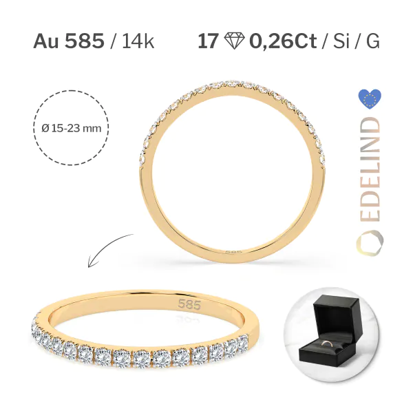 0,26 Karat Diamant Memoire Ring mit 17 Diamanten, Gelbgold 585 / 14K, Weite 49 mm, Gewicht ca. 