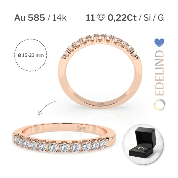 0,22 Karat Diamant Memoire Ring mit 11 Diamanten, Rotgold 585 / 14K, Weite 58 mm, Gewicht ca. 