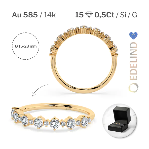 0,5 Karat Diamant Verlobungsring mit 15 Diamanten, Gelbgold 585 / 14K, Weite 49 mm, Gewicht ca. 1.4 g.