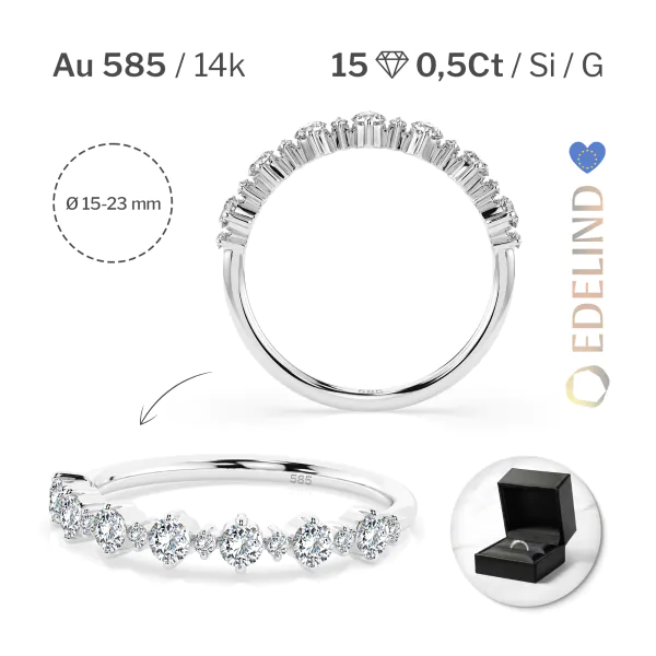 0,5 Karat Diamant Verlobungsring mit 15 Diamanten, Weißgold 585 / 14K, Weite 49 mm, Gewicht ca. 1.4 g.