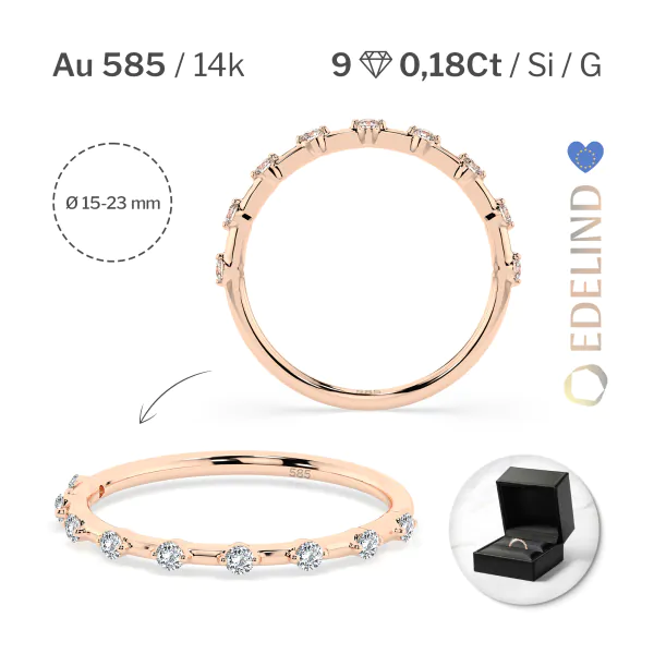 0,18 Karat Diamant Verlobungsring mit 9 Diamanten, Rotgold 585 / 14K, Weite 47 mm, Gewicht ca. 1.1 g.
