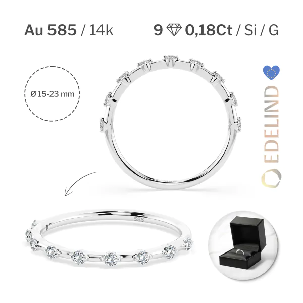 0,18 Karat Diamant Verlobungsring mit 9 Diamanten, Weißgold 585 / 14K, Weite 70 mm, Gewicht ca. 1.1 g.