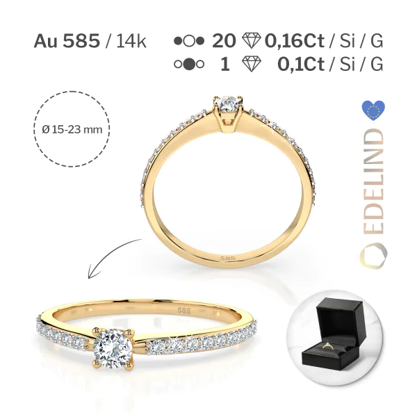 0,1+0,16 Karat Diamant Verlobungsring mit 21 Diamanten, Gelbgold 585 / 14K, Weite 64 mm, Gewicht ca. 1.2 g.
