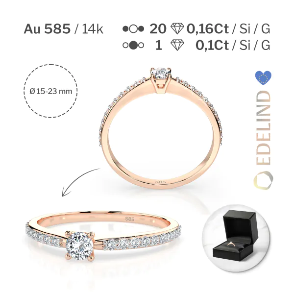0,1+0,16 Karat Diamant Verlobungsring mit 21 Diamanten, Rotgold 585 / 14K, Weite 49 mm, Gewicht ca. 1.2 g.
