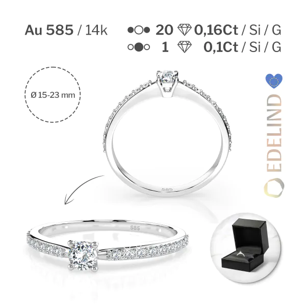 0,1+0,16 Karat Diamant Verlobungsring mit 21 Diamanten, Weißgold 585 / 14K, Weite 64 mm, Gewicht ca. 1.2 g.