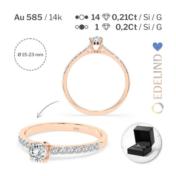 0,2+0,21 Karat Diamant Verlobungsring mit 15 Diamanten, Rotgold 585 / 14K, Weite 49 mm, Gewicht ca. 1.6 g.