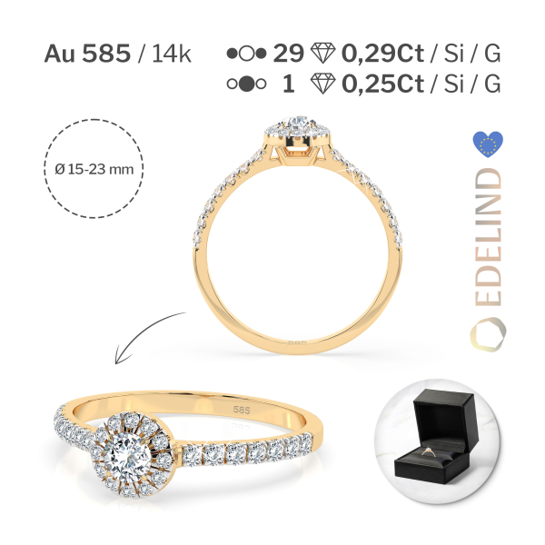 0,29+0,25 Karat Diamant Verlobungsring mit 30 Diamanten, Gelbgold 585 / 14K, Weite 55 mm, Gewicht ca. 1.6 g.