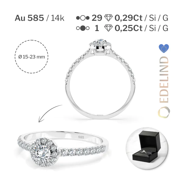 0,29+0,25 Karat Diamant Verlobungsring mit 30 Diamanten, Weißgold 585 / 14K, Weite 66 mm, Gewicht ca. 1.6 g.