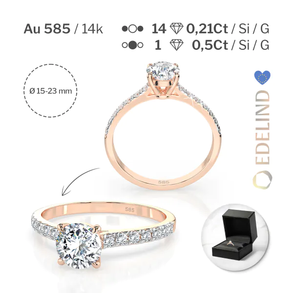 0,5+0,21 Karat Diamant Verlobungsring mit 15 Diamanten, Rotgold 585 / 14K, Weite 49 mm, Gewicht ca. 1.6 g.