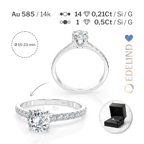 0,5+0,21 Karat Diamant Verlobungsring mit 15 Diamanten, Weißgold 585 / 14K, Weite 67 mm, Gewicht ca. 1.6 g.