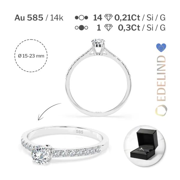 0,3+0,21 Karat Diamant Verlobungsring mit 15 Diamanten, Weißgold 585 / 14K, Weite 64 mm, Gewicht ca. 1.5 g.