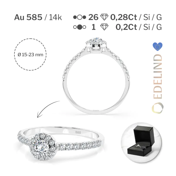 0,2+0,28 Karat Diamant Verlobungsring mit 27 Diamanten, Weißgold 585 / 14K, Weite 70 mm, Gewicht ca. 1.5 g.
