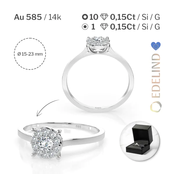 0,15 Karat Diamant Verlobungsring mit 11 Diamanten, Weißgold 585 / 14K, Weite 70 mm, Gewicht ca. 1.7 g.