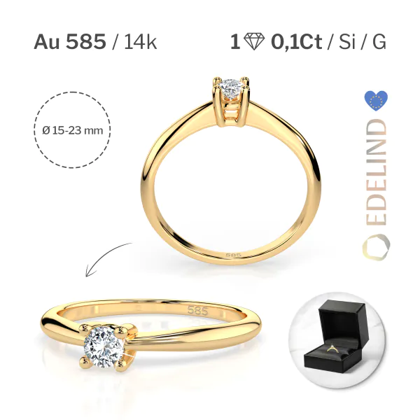 0,10 Karat Diamant Verlobungsring mit 1 Diamanten, Gelbgold 585 / 14K, Weite 57 mm, Gewicht ca. 1.7 g.