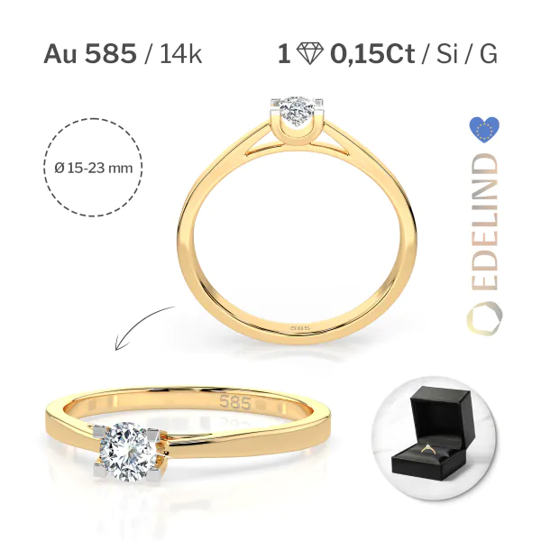 0,15 Karat Diamant Verlobungsring mit 1 Diamanten, Gelbgold 585 / 14K, Weite 52 mm, Gewicht ca. 1.6 g.