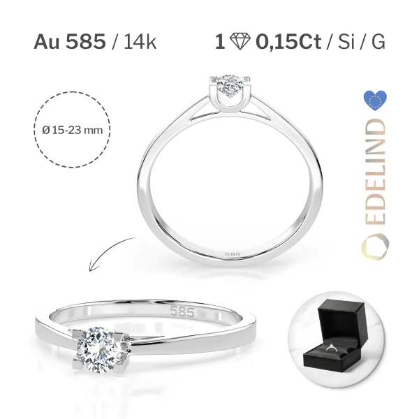 0,15 Karat Diamant Verlobungsring mit 1 Diamanten, Weißgold 585 / 14K, Weite 64 mm, Gewicht ca. 1.6 g.